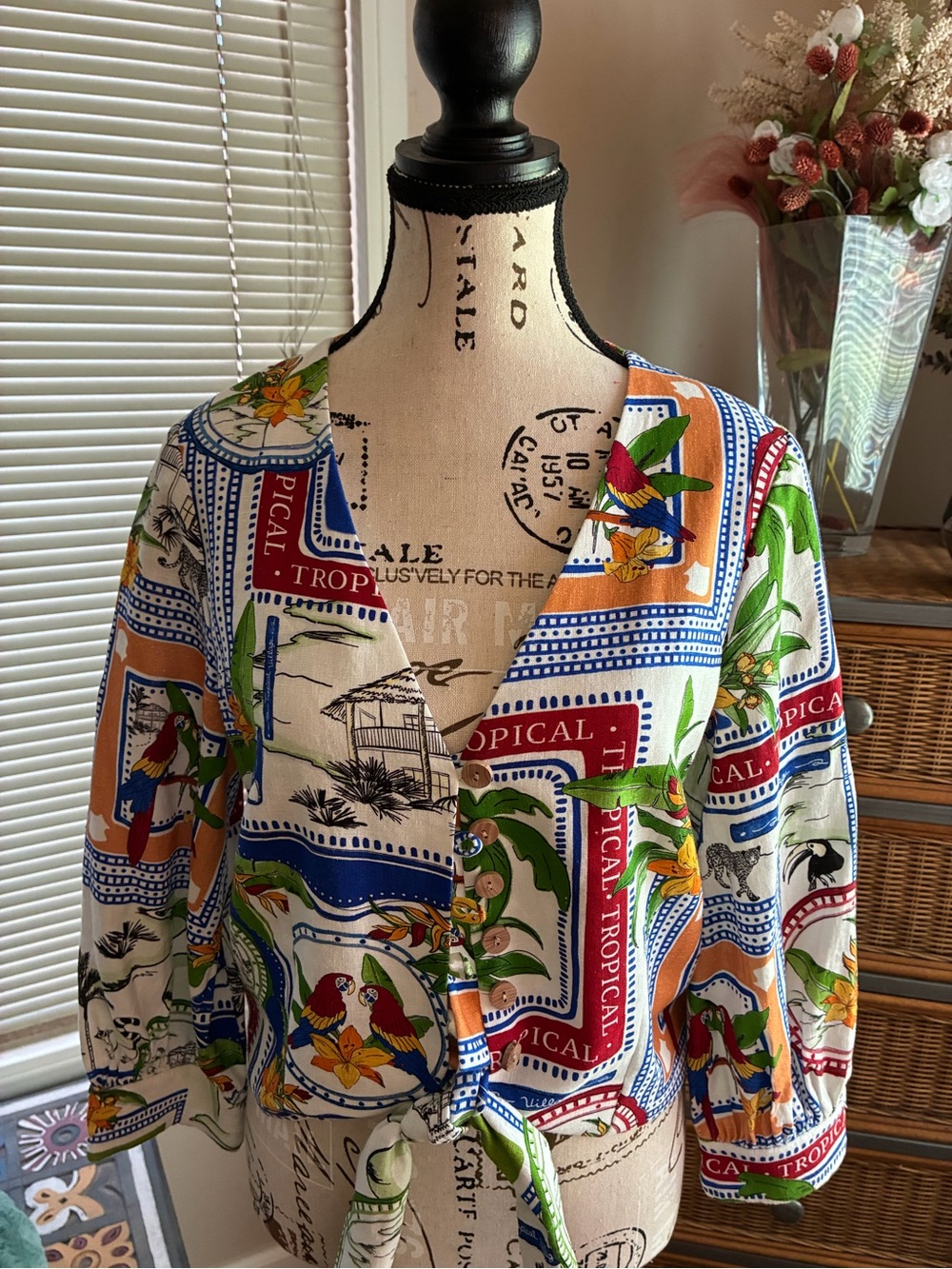 Joie Tropical Tie-Front Blouse in Blue/Green/Red/Cream